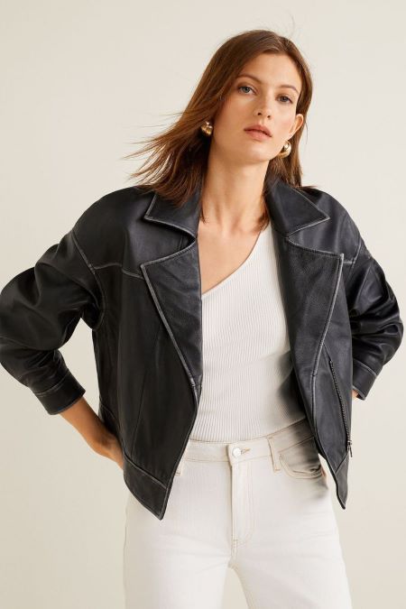 Biker leather coat comes in a crop size.