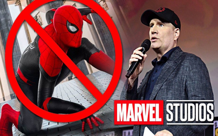 Spider-Man with a stop sign and Kevin Feige talking in a collage edited photo.
