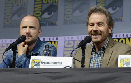 Aaron Paul and Bryan Cranston are seen together in comic-con.