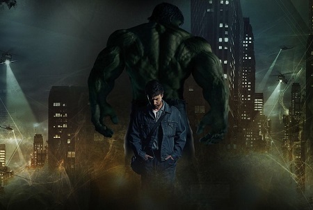 Edward Norton back to back with his character the Incredible Hulk.